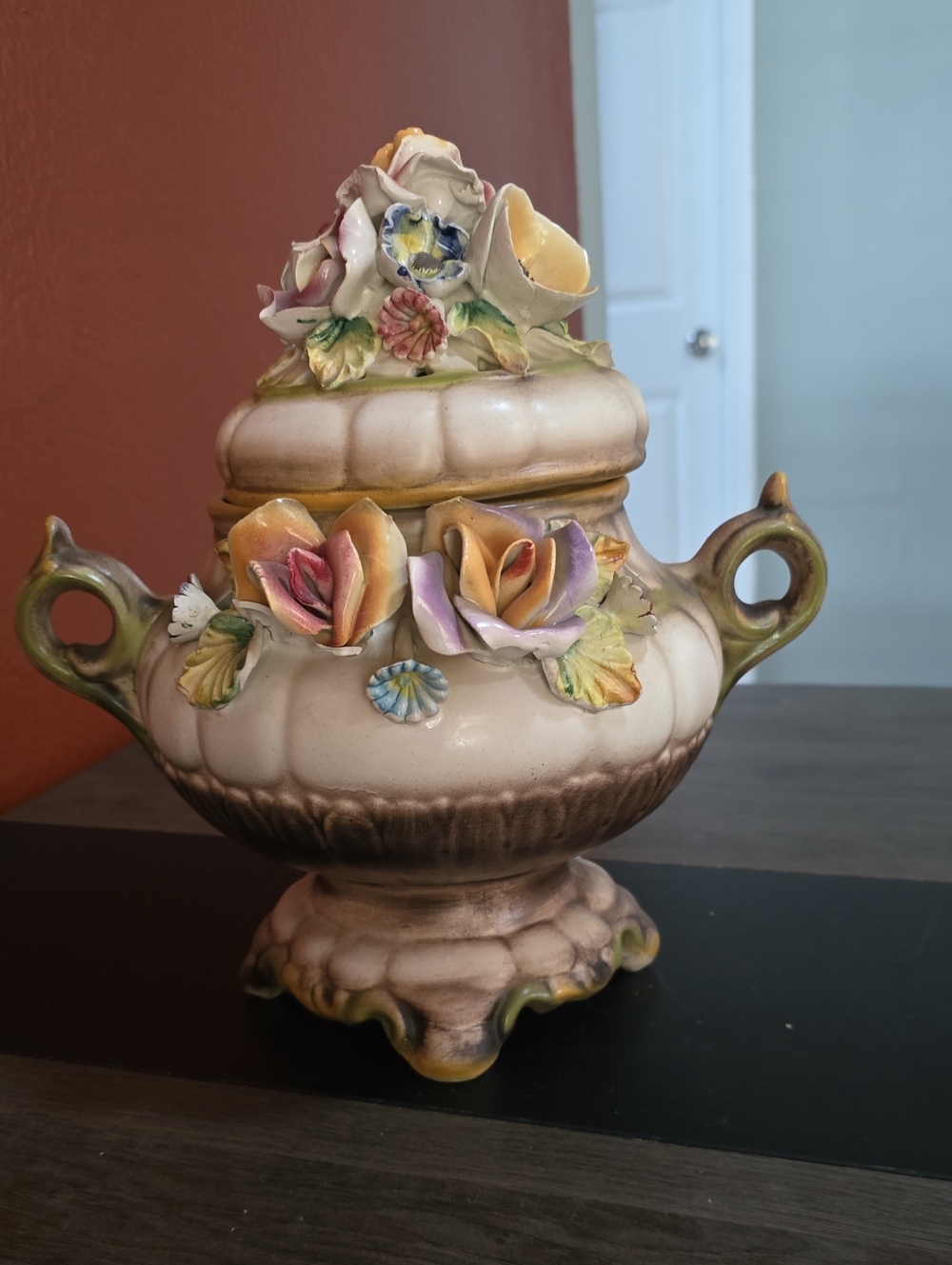 Bass Porcelain Floral Covered Urn in Cream, Yellow, Pink and Purple